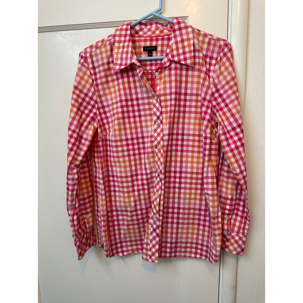Talbots Womens Pink Orange Gingham Check Cotton Button Down Shirt Size M